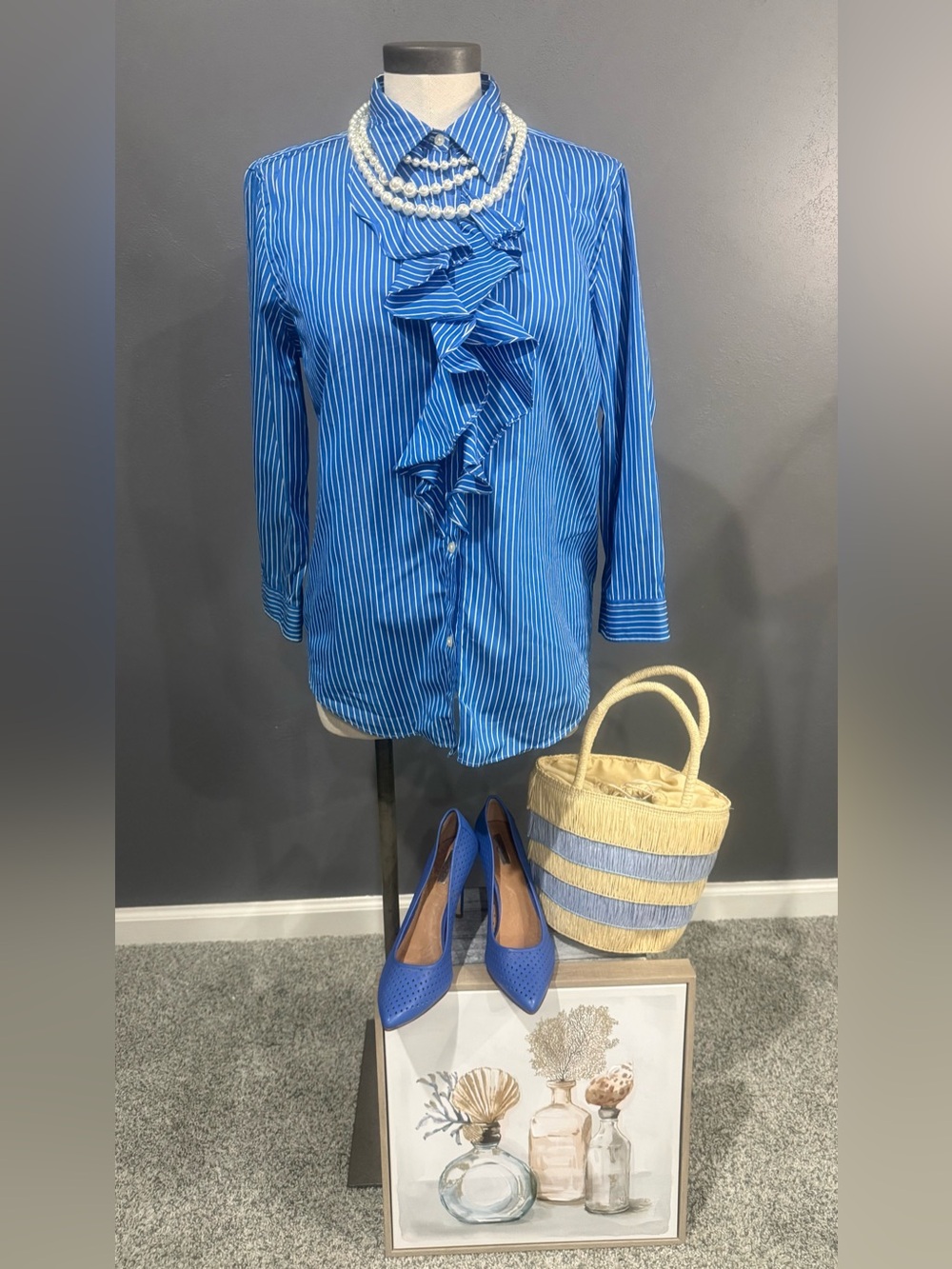 Ralph Lauren Blue Pinstripe Ruffle Front Button-Down Shirt